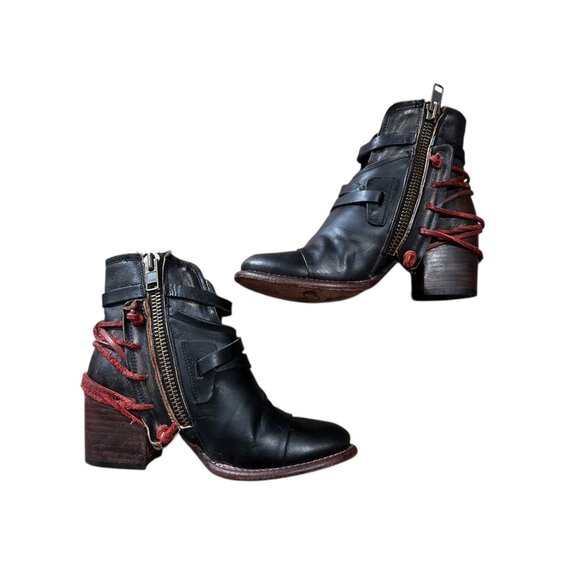 FreeBird Crue Leather Backlace Boots Women 8 Black Buckle Moto Western Rockstar - Picture 6 of 16